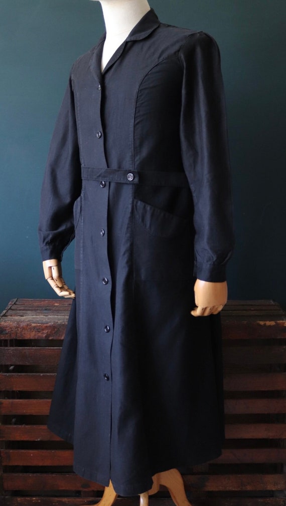 Vintage 1940s 40s French black cotton work dress workwear chore 38” chest 37” waist pleated shirtwaister button up