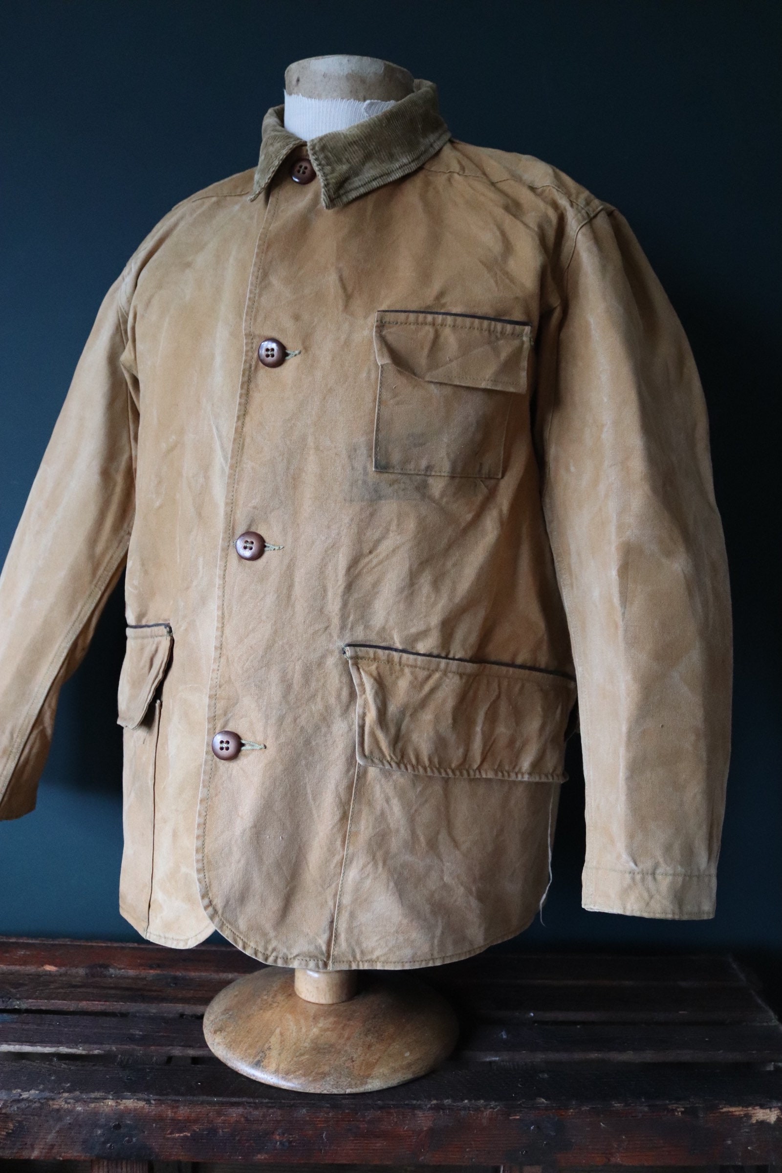 Vintage 1940s 40s 1950s 50s Duxbak duck cotton canvas tin cloth hunting  shooting jacket 49” chest workwear work chore