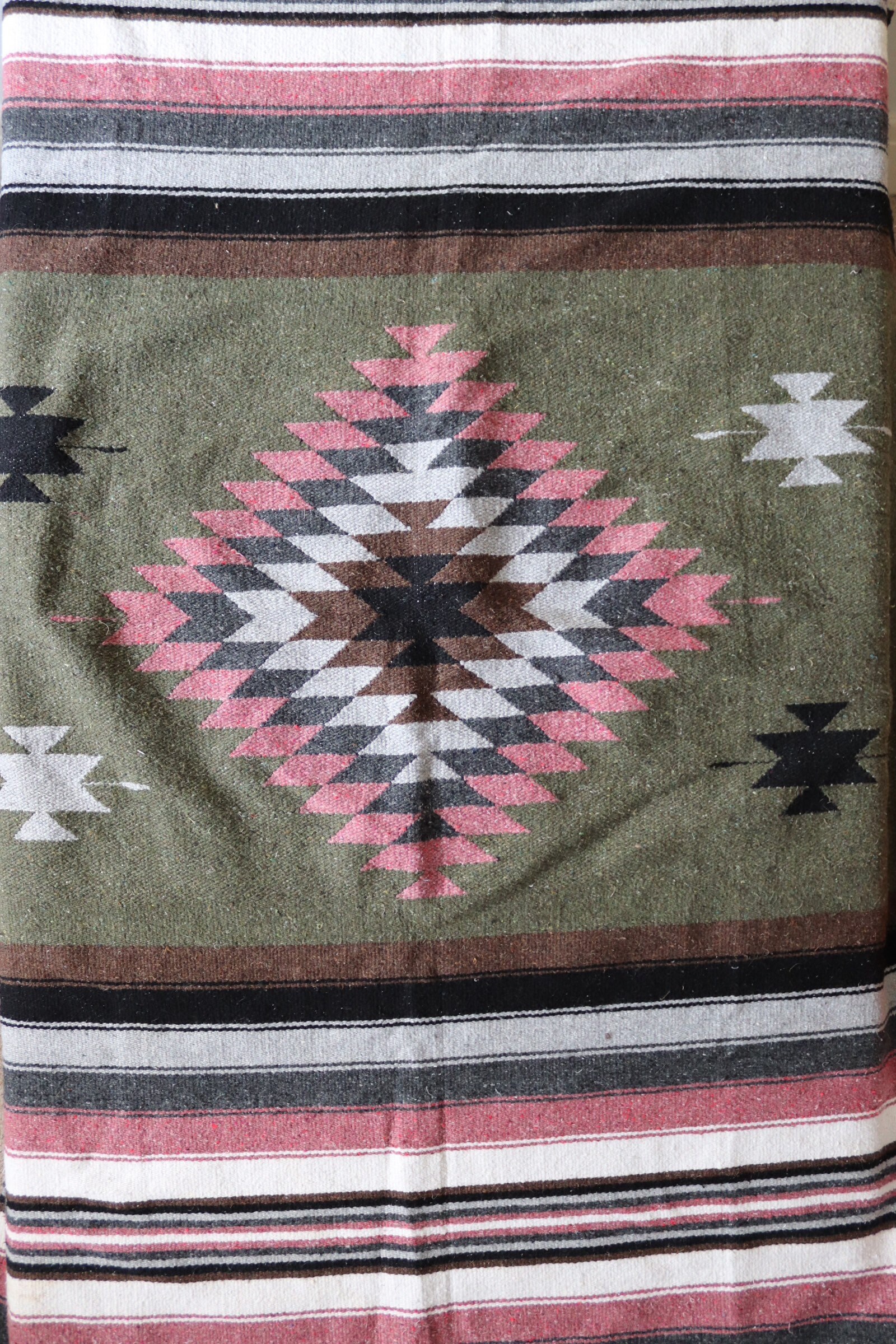 Vintage pink green grey Mexican woven falsa blanket rug picnic camping 48 x 81 car
