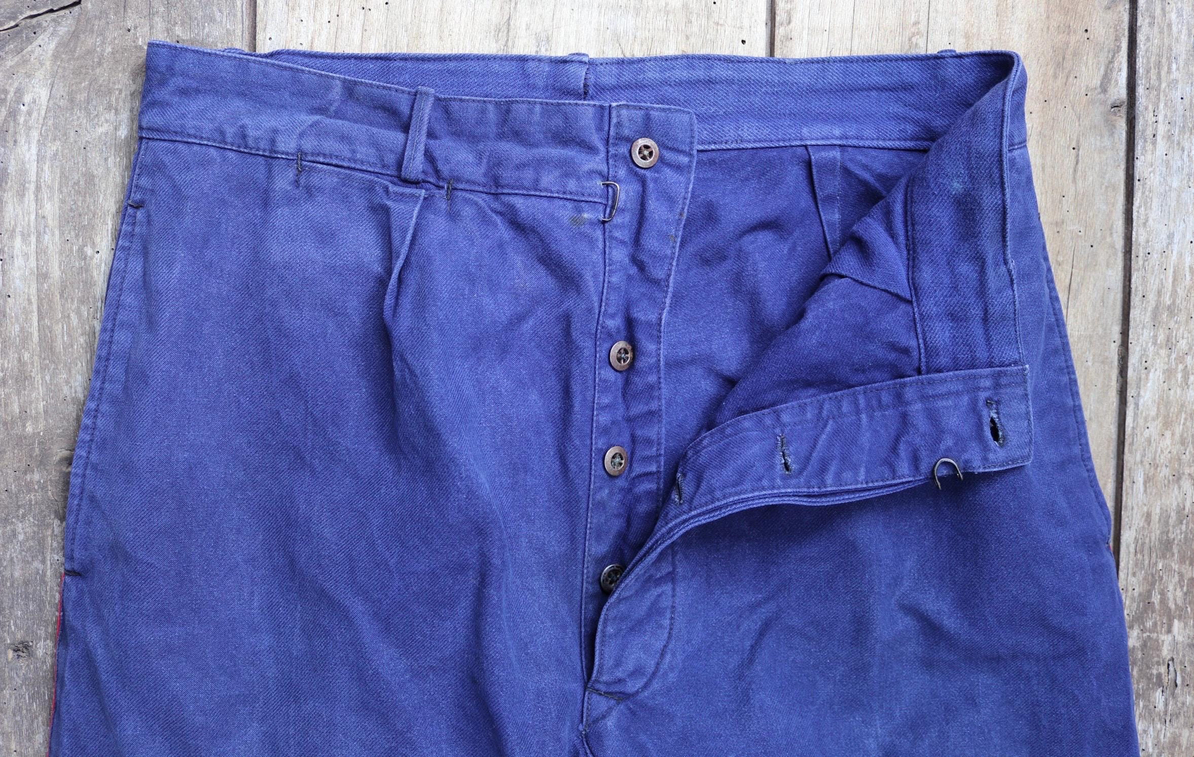 Vintage French Workwear Trousers - 1950s 60s Blue Cotton