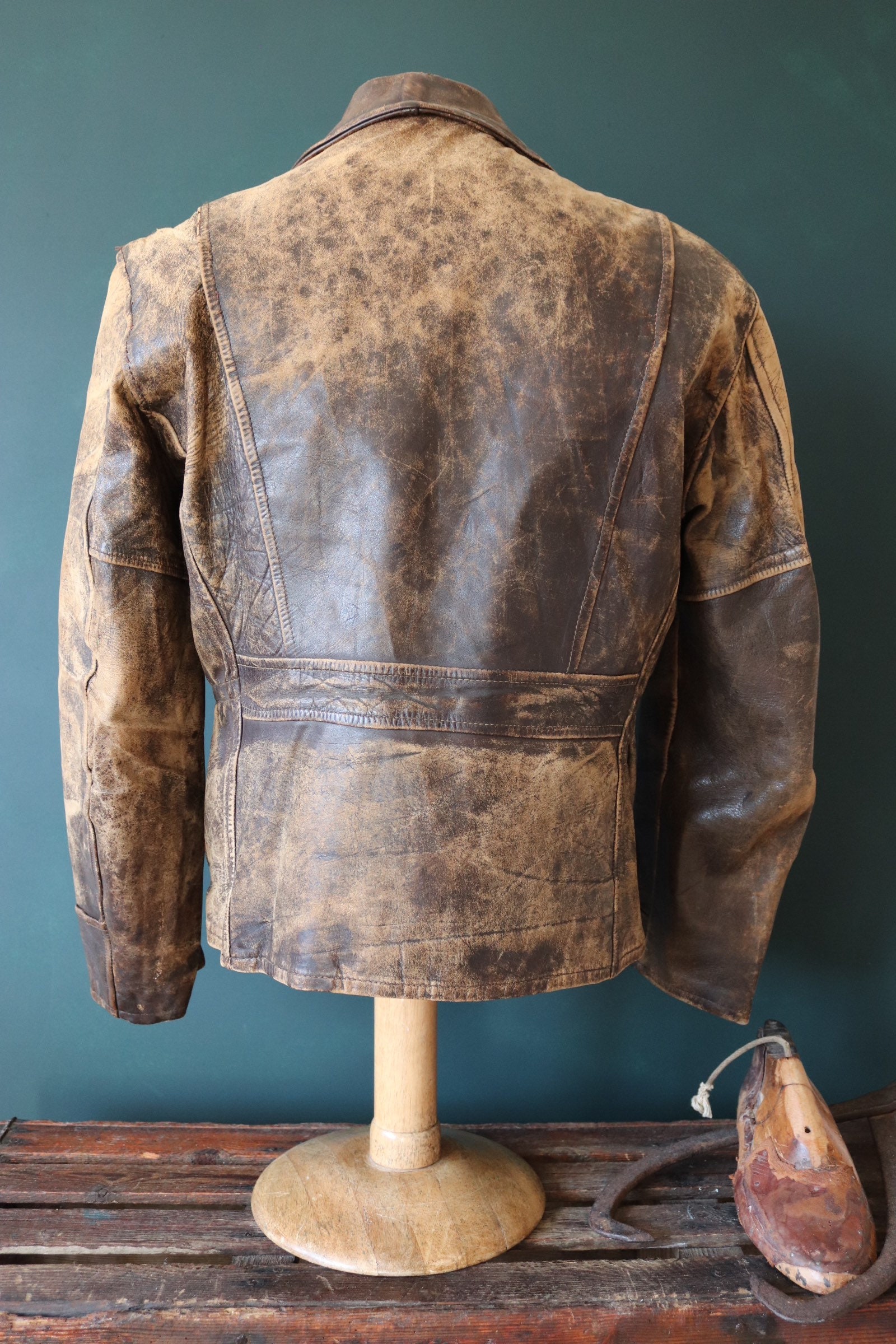 Vintage 1950s 50s german short brown horsehide leather jacket half belt