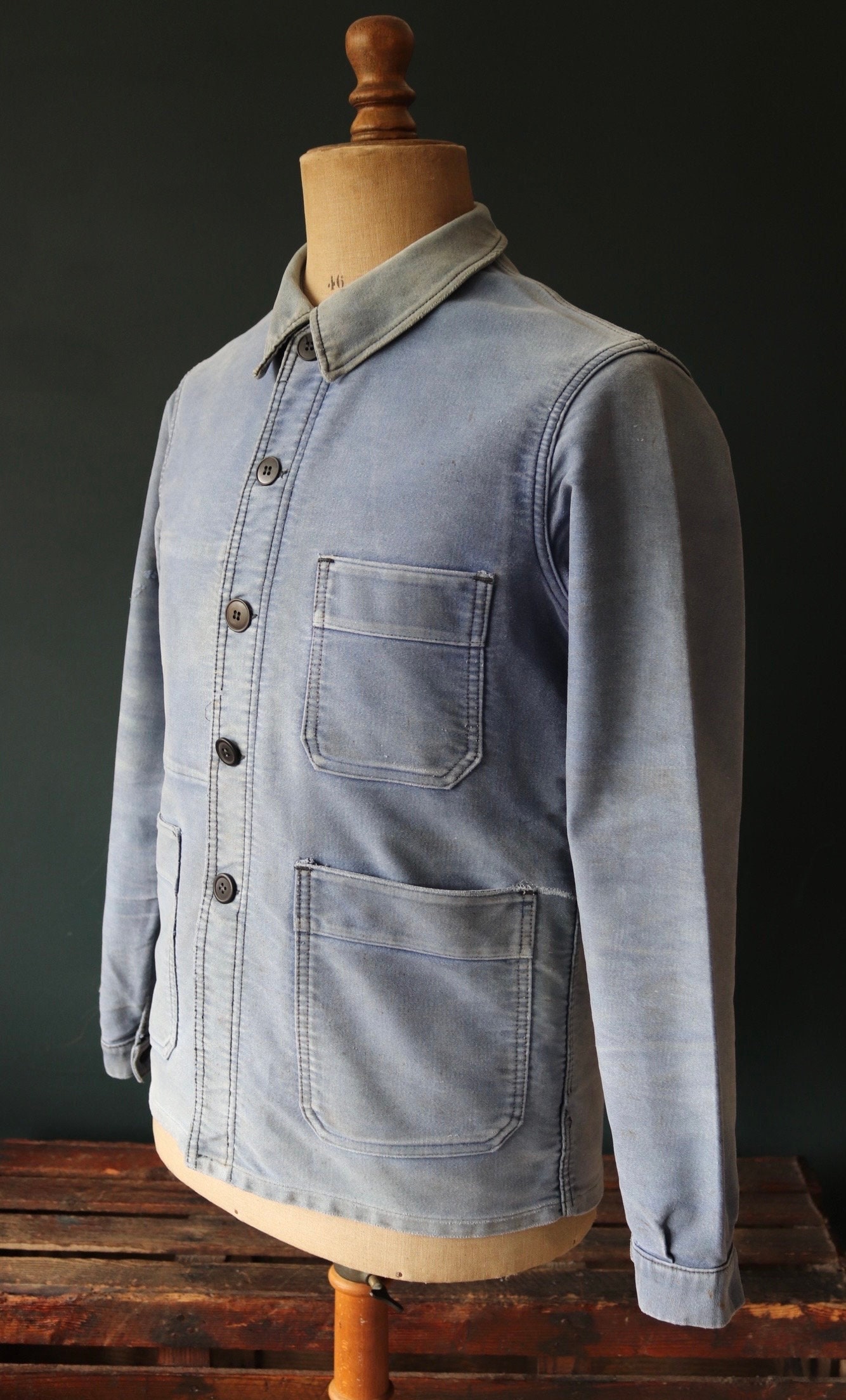 Vintage 1940s 40s 1950s 50s French blue moleskin work jacket chore 