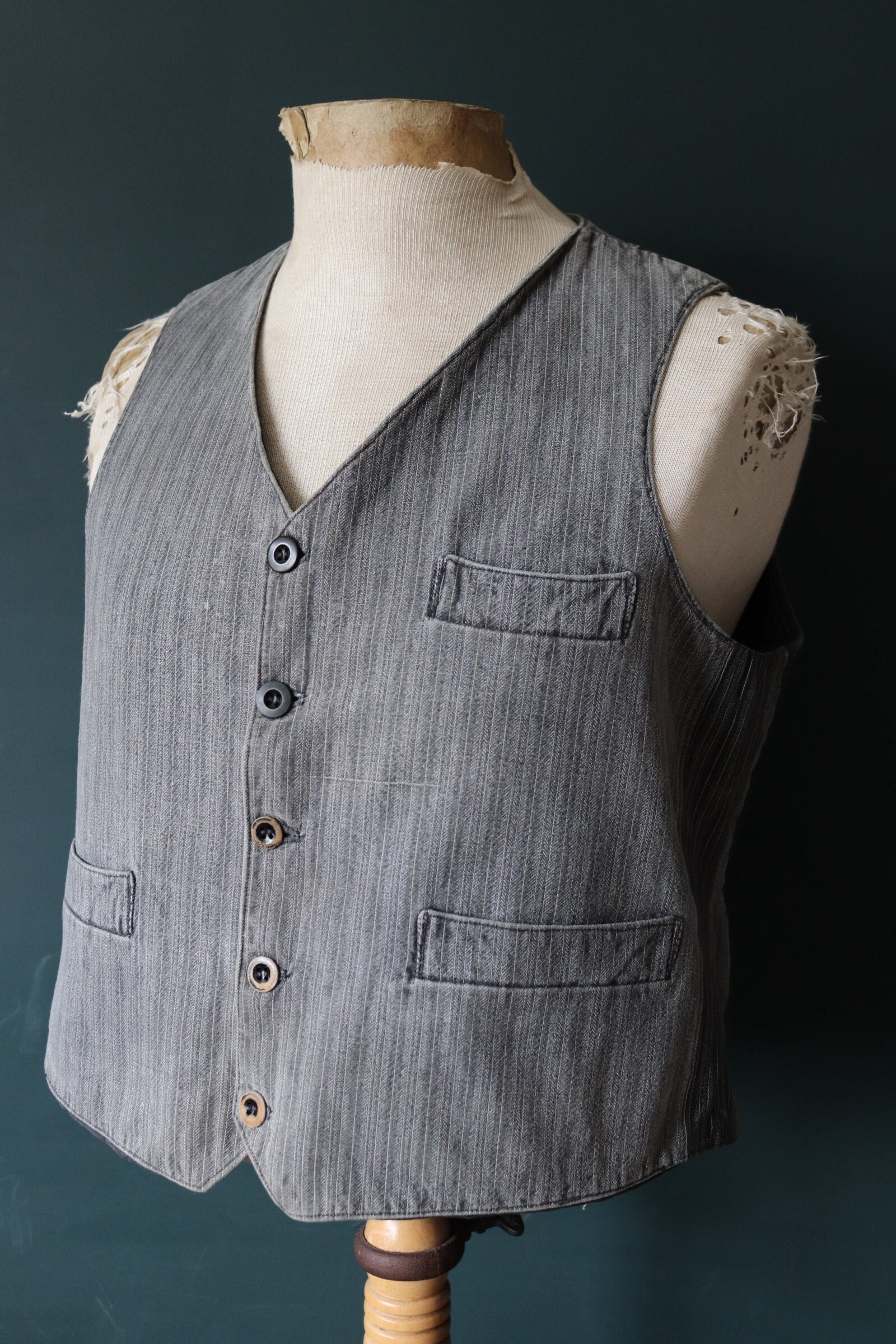 Vintage 1930s 30s 1940s 40s French grey striped cotton waistcoat vest ...