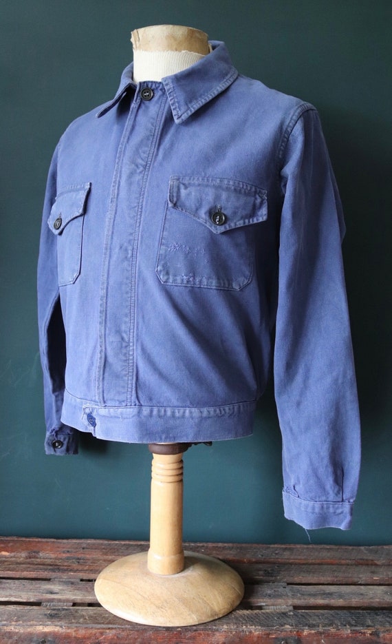 Vintage 1940s 40s 1950s 50s French blue work cyclist cropped jacket workwear chore faded 41” chest bleu de travail cotton twill