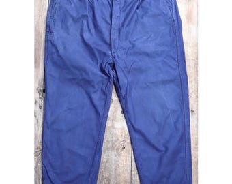 Vintage 1960s French workwear trousers - 1970s blue cotton twill chore pants - 46” x 27”