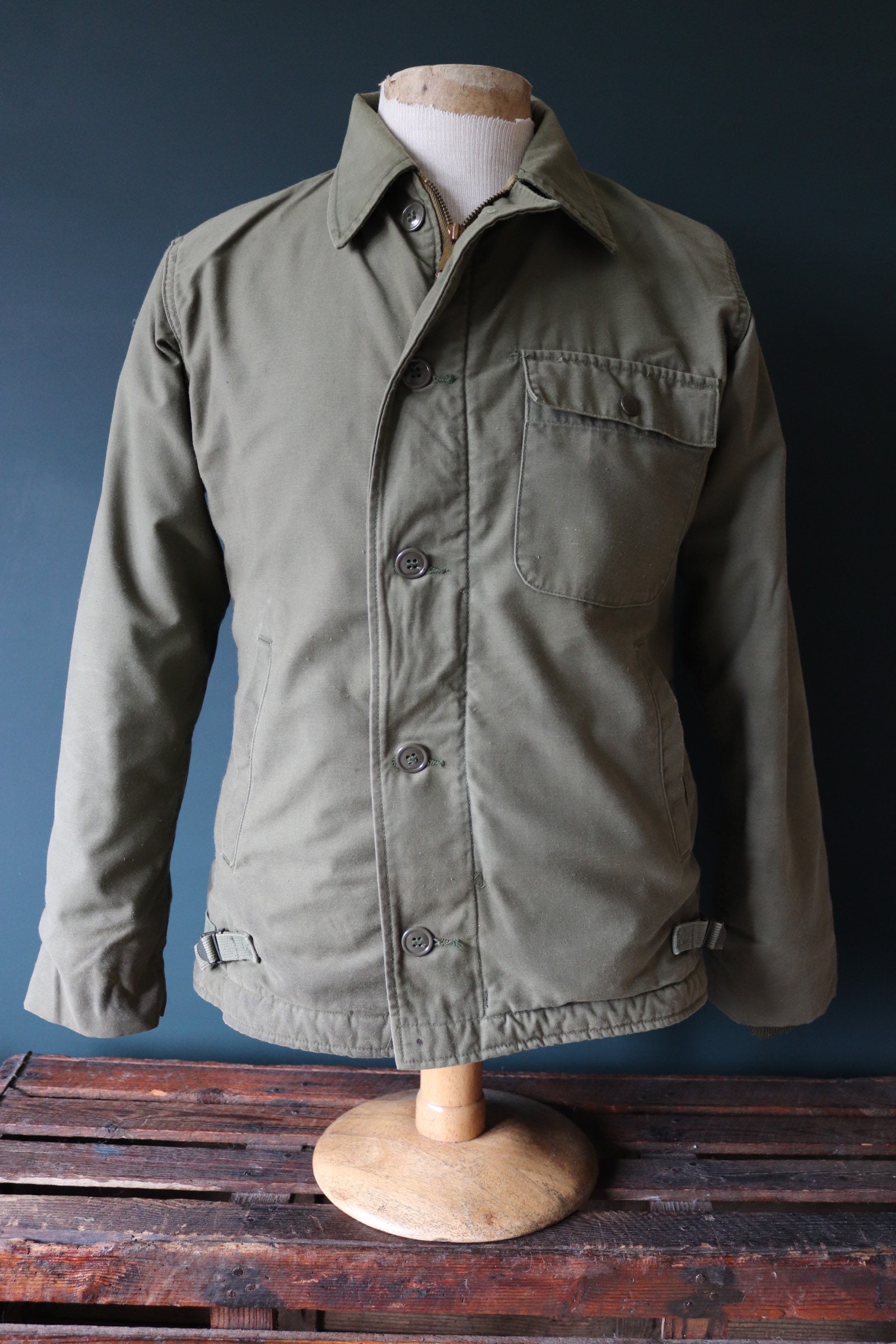 Vintage 1980s 80s USN US navy A2 deck jacket CWP stencilled khaki green ...