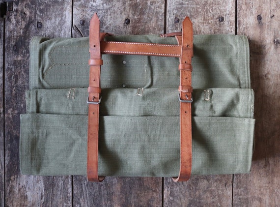 Vintage 1960s 60s Leather Khaki Green Cotton Canvas European Swiss Military Army Tool Roll Bag Satchel Utility Field Equipment Etsy Ireland