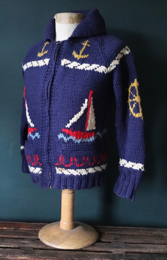 Vintage 1960s 60s hand knitted novelty sailing boat thick wool cowichan sweater cardigan jumper knit Talon zipper shawl collar 36” chest
