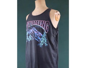 Vintage 1990s t shirt - faded black and neon vest - Wyoming tourist souvenir - 44” chest