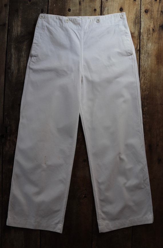 Vintage 1950s 50s 1960s 60s French white cotton fall front wide leg Marine Nationale navy naval trousers pants 30” x 28” riviera beach