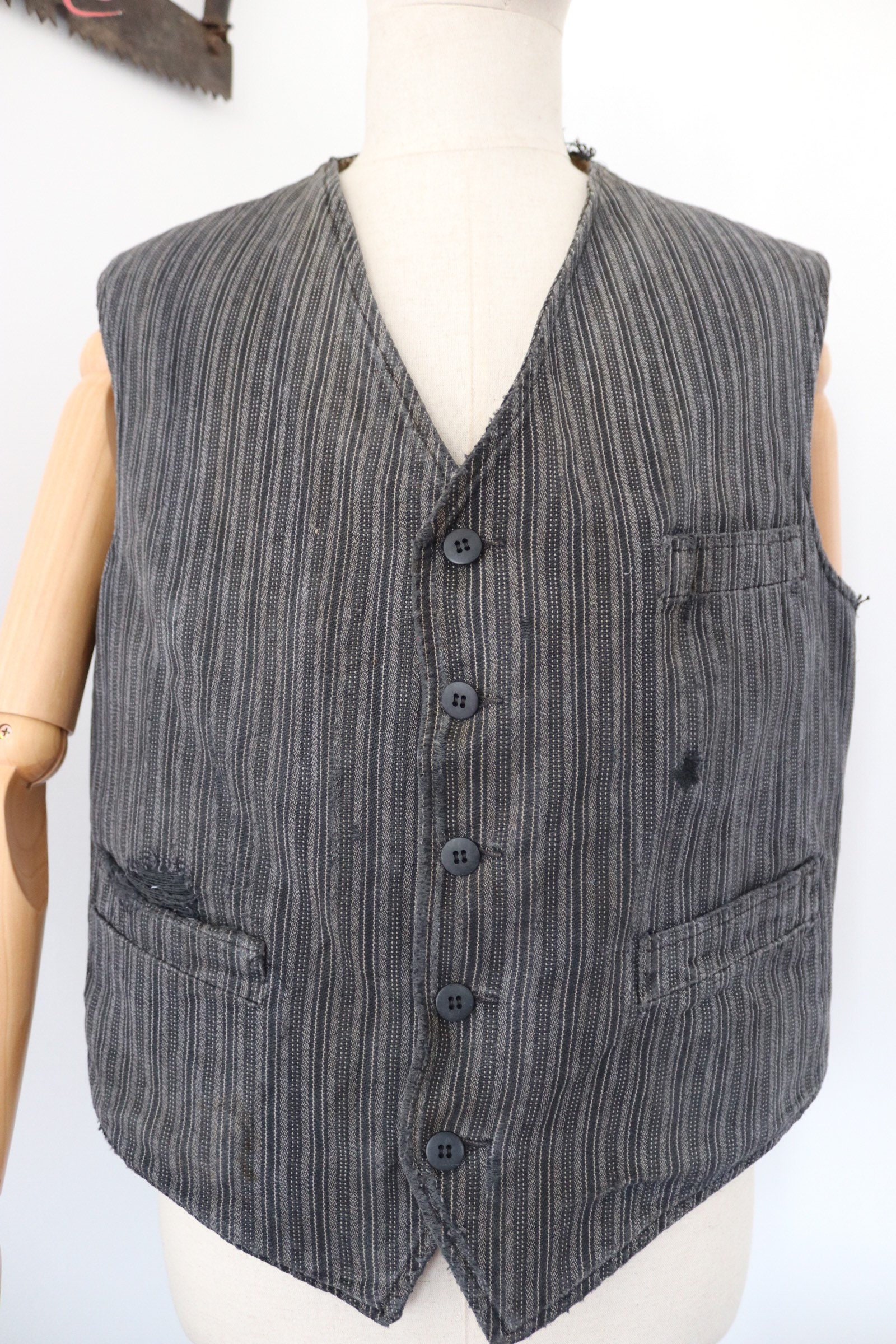 RESERVED Vintage 1950s 50s french grey black striped waistcoat vest ...
