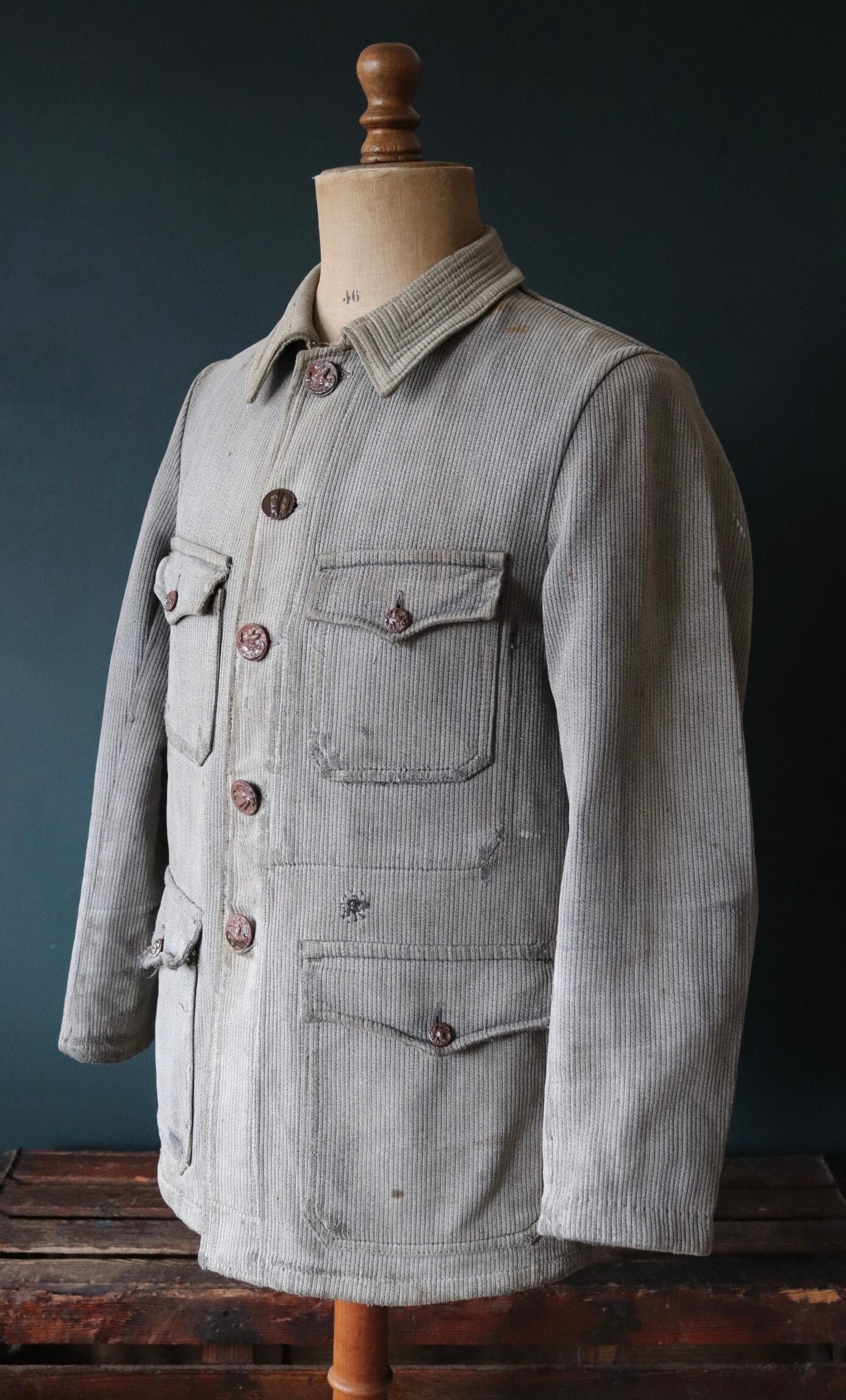 Vintage 1930s 30s French grey coutil pique corduroy hunting work jacket ...