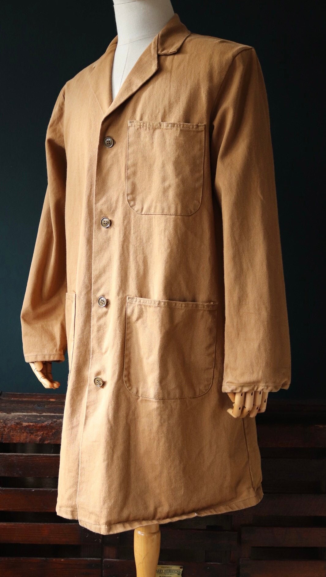 Vintage 1970s 70s British brown shop factory overalls long coat 