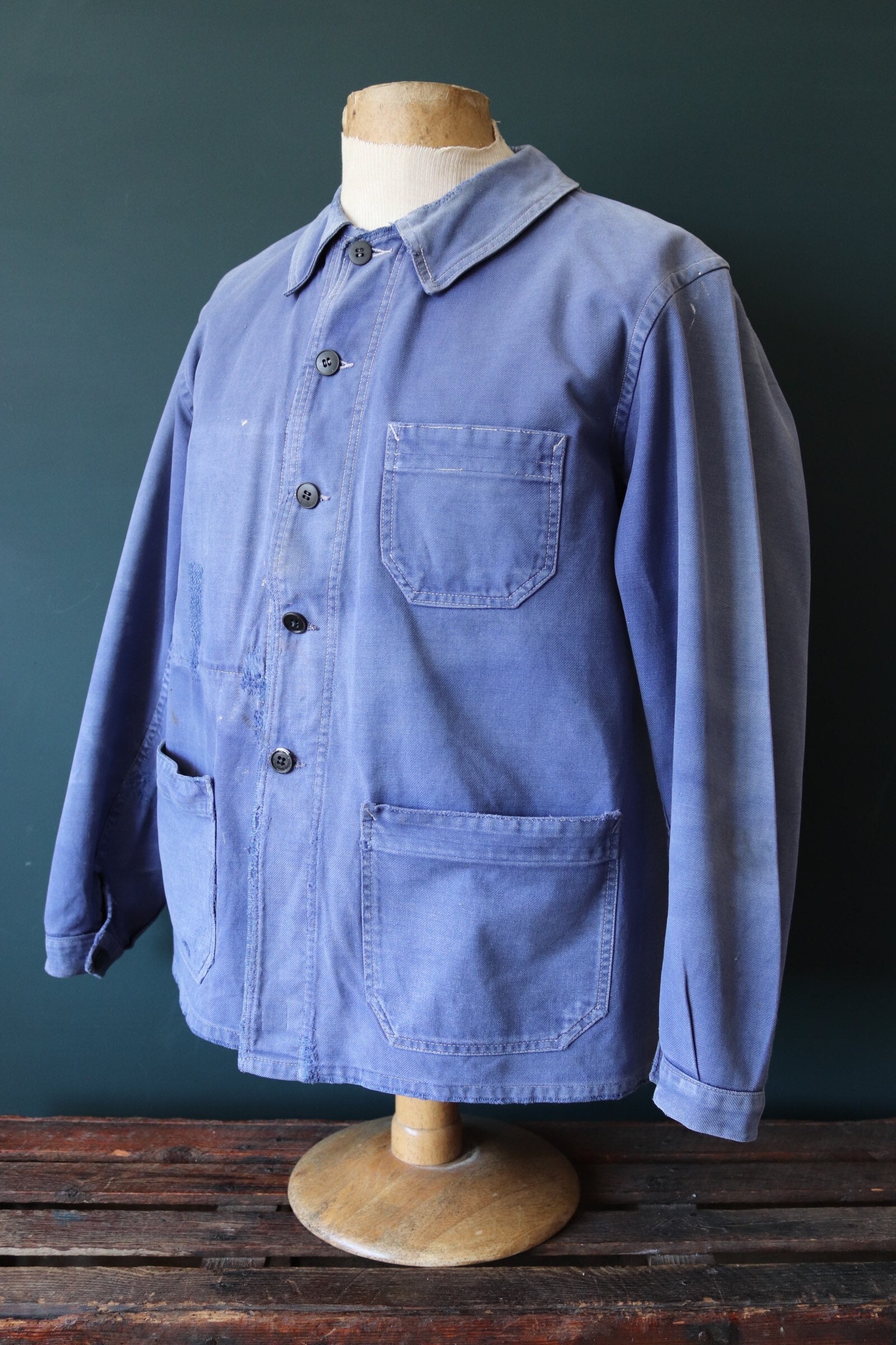 Vintage 1960s 60s French blue work jacket workwear chore faded 48 ...