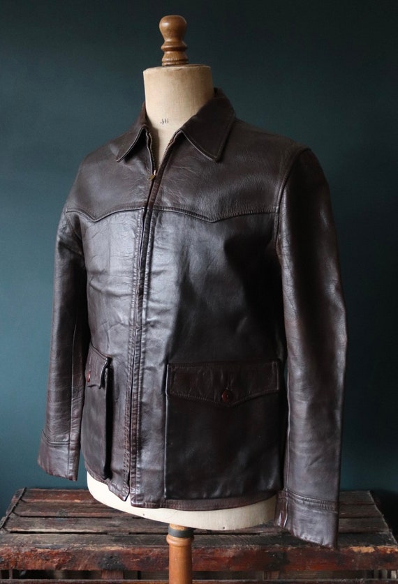 Vintage 1940s 40s 1950s 50s brown leather half belt jacket sports Talon zipper rockabilly 42” chest