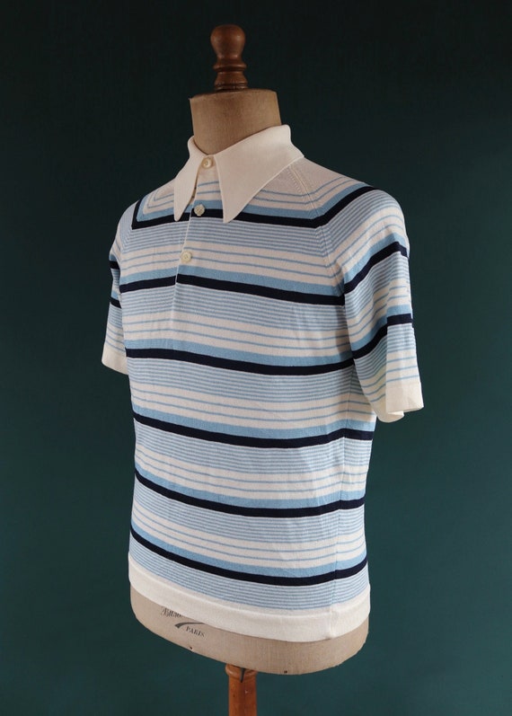 Vintage 1970s 70s white blue stripe fine knit banlon polo top shirt Northern Soul mod 40" chest small short sleeve