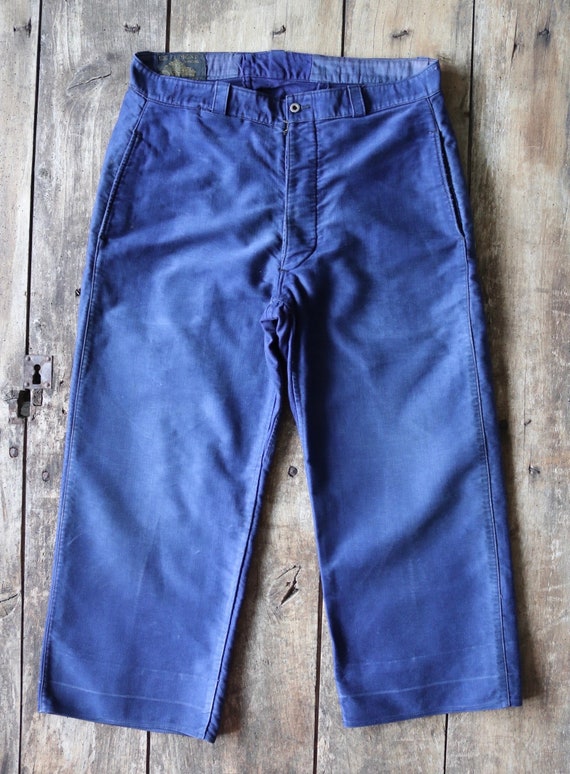 Vintage 1930s 30s 1940s 40s Le Mont French indigo blue moleskin cotton workwear work chore trousers pants 34” x 24”