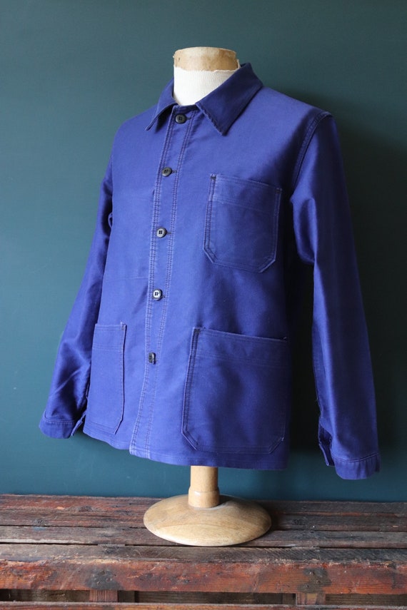 Vintage 1960s 60s French blue moleskin work jacket workwear chore faded 44” chest bleu de travail