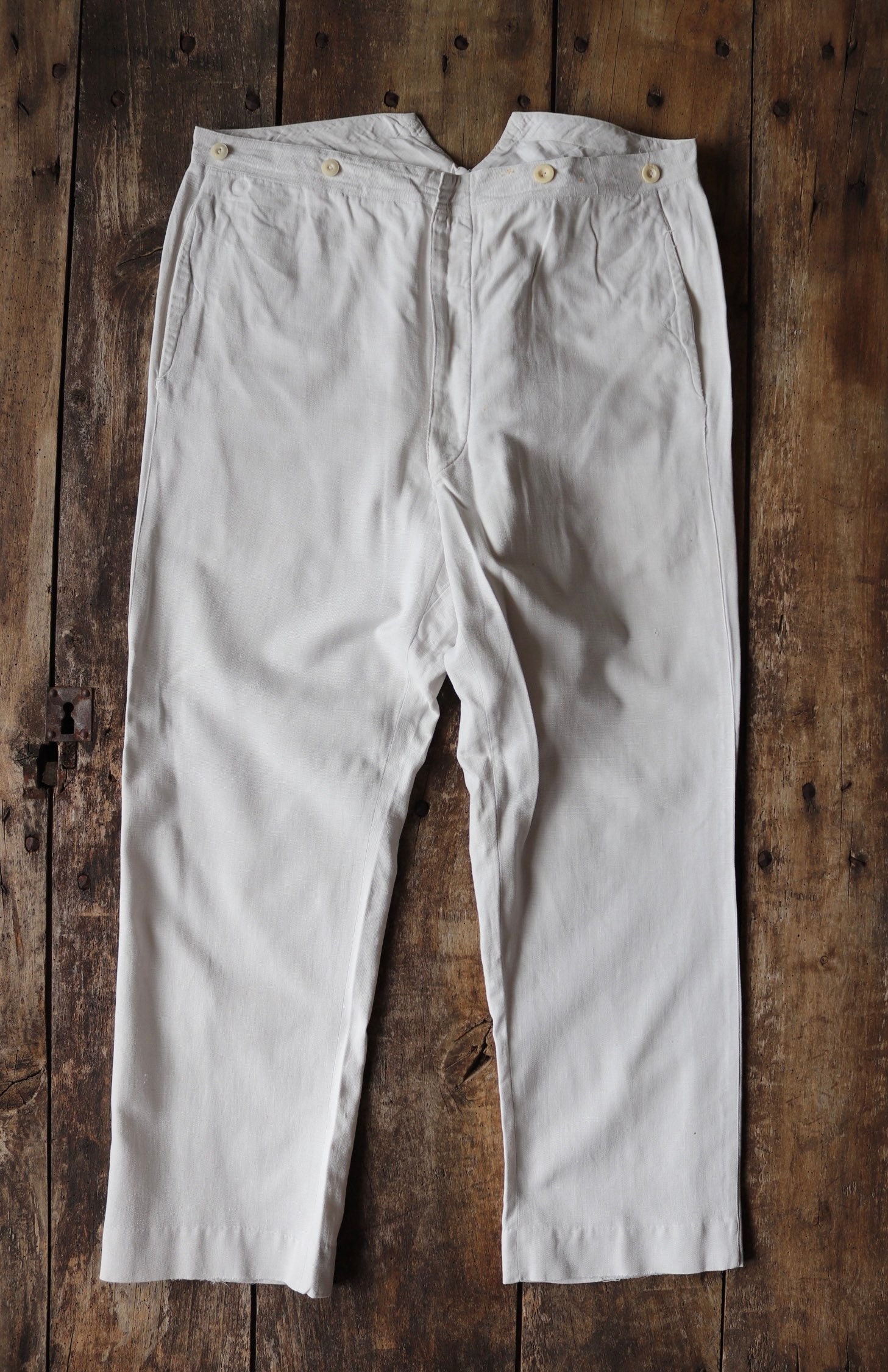Vintage 1920s 20s 1930s 30s French white linen trousers pants buckle