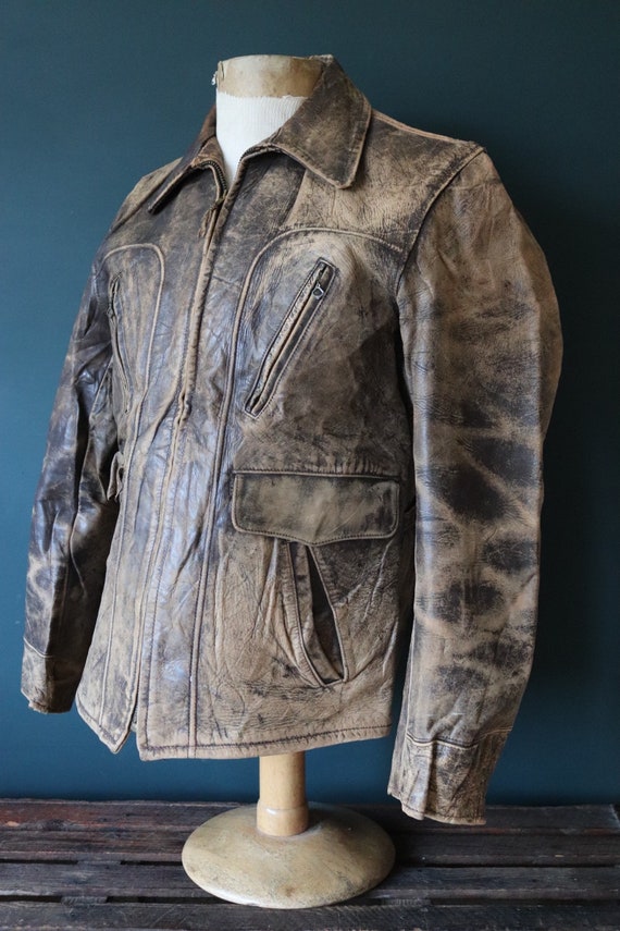 Vintage 1940s 40s brown horsehide leather jacket half belt sports workwear Talon zipper 42” chest patina