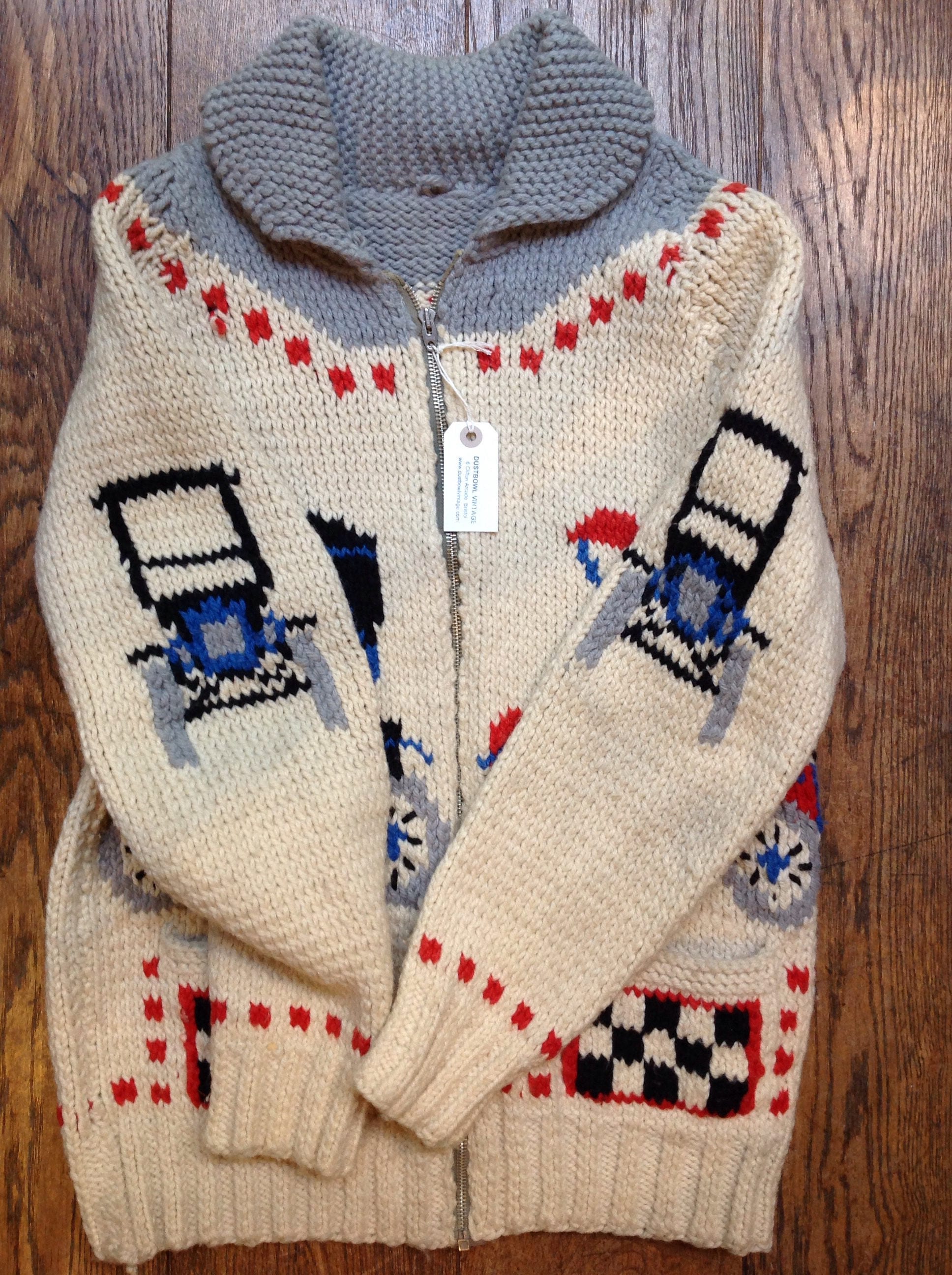 Vintage 1960s 60s handknitted chunky wool cowichan sweater cardigan red