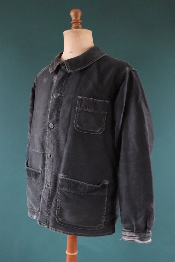 Vintage 1930s 30s 1940s 40s French black moleskin work jacket chore workwear darned repaired 48” chest
