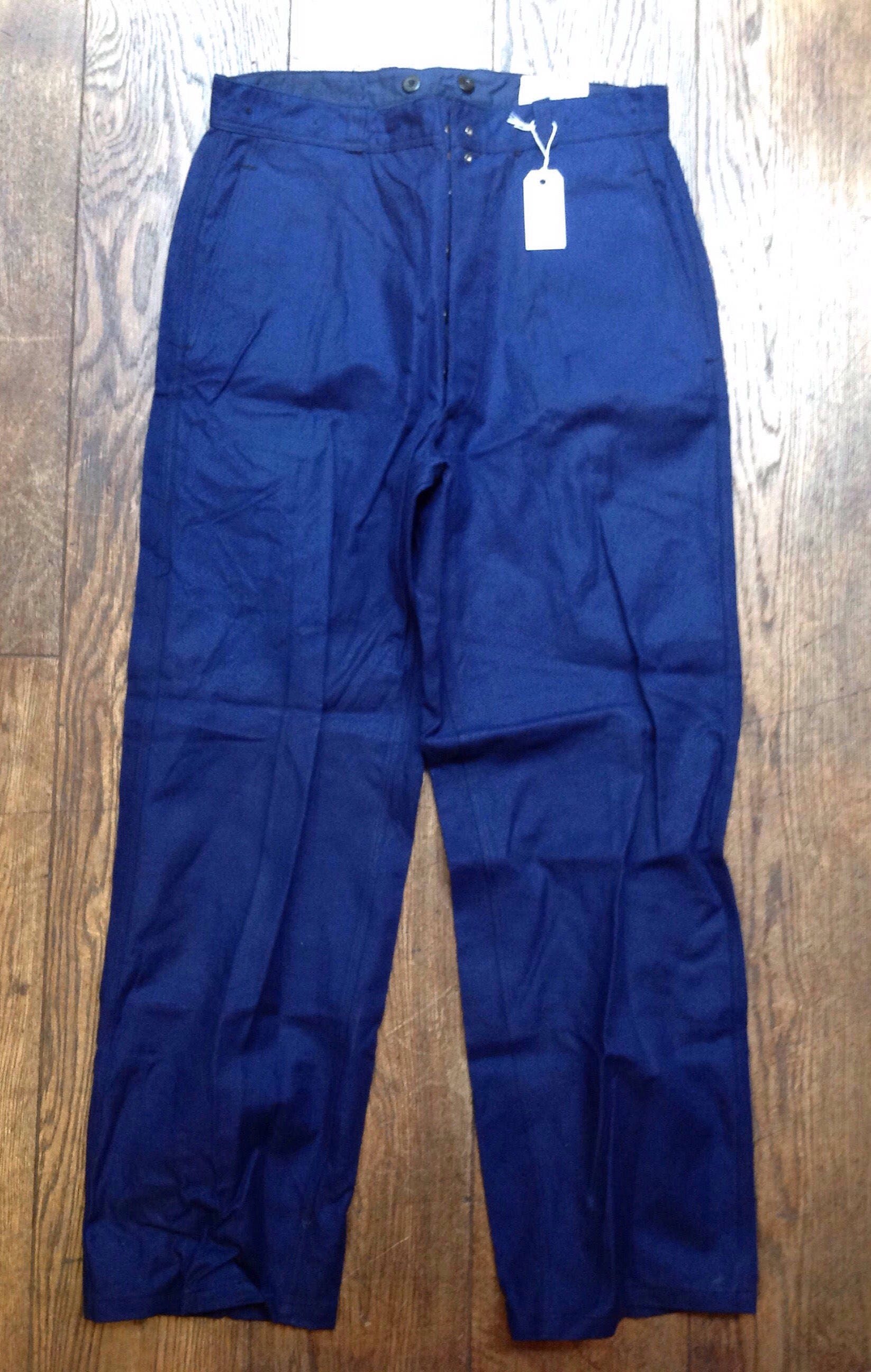 Vintage blue indigo French chore workwear trousers pants button fly ...