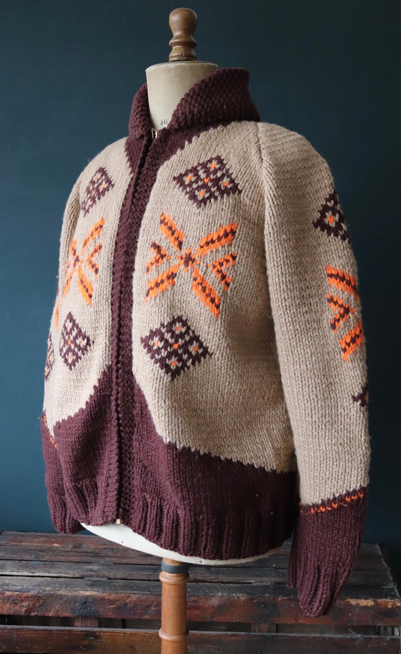 Vintage 1950 50s 1960s 60s chunky knitted wool cowichan sweater cardigan jumper hand made knit shawl collar 46 chest Talon