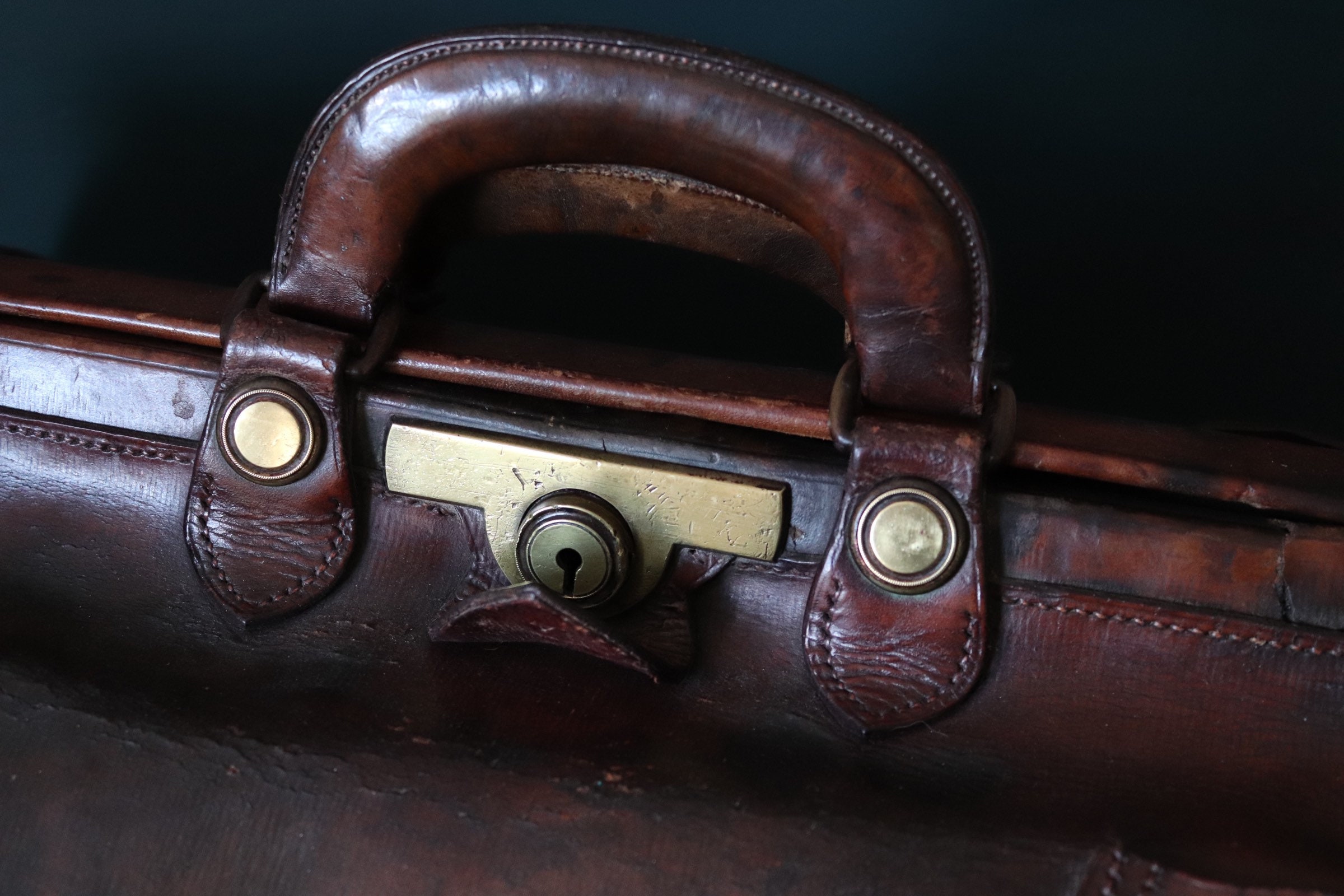 Vintage Antique 1890s 1800s Large Brown Leather Travel Luggage 