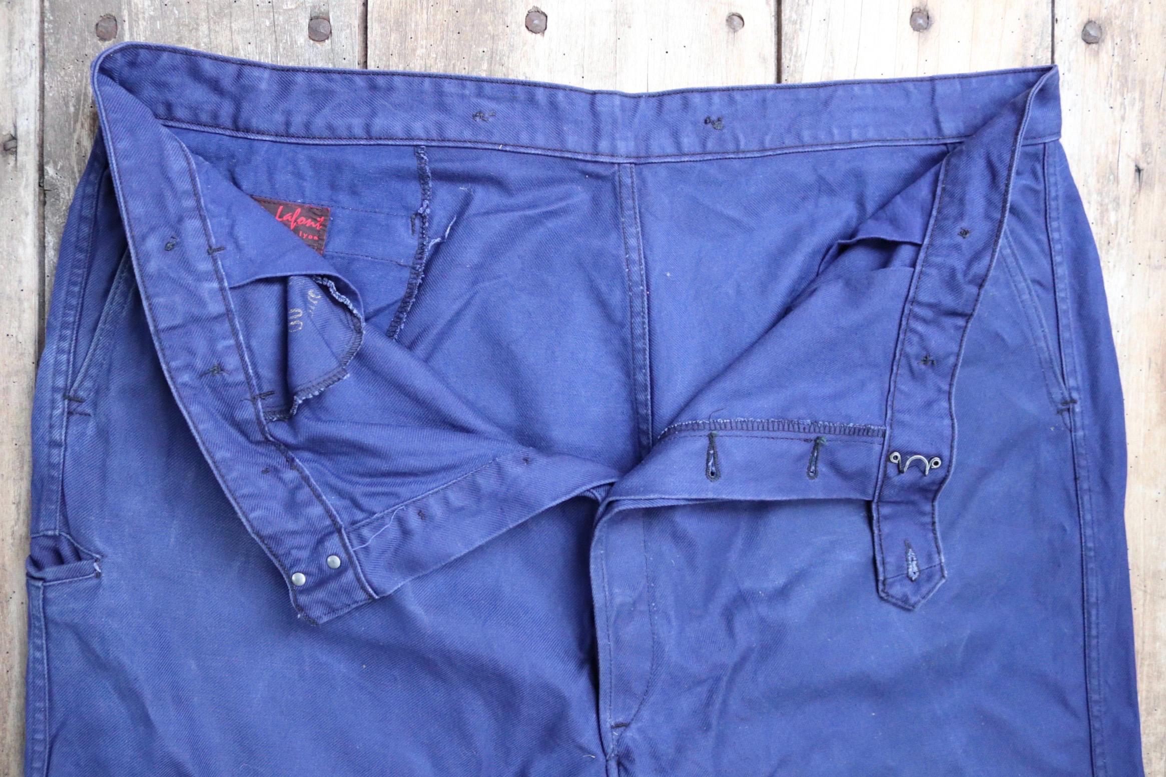 Vintage 1960s French Workwear Trousers - 1970s Blue Cotton Twill 