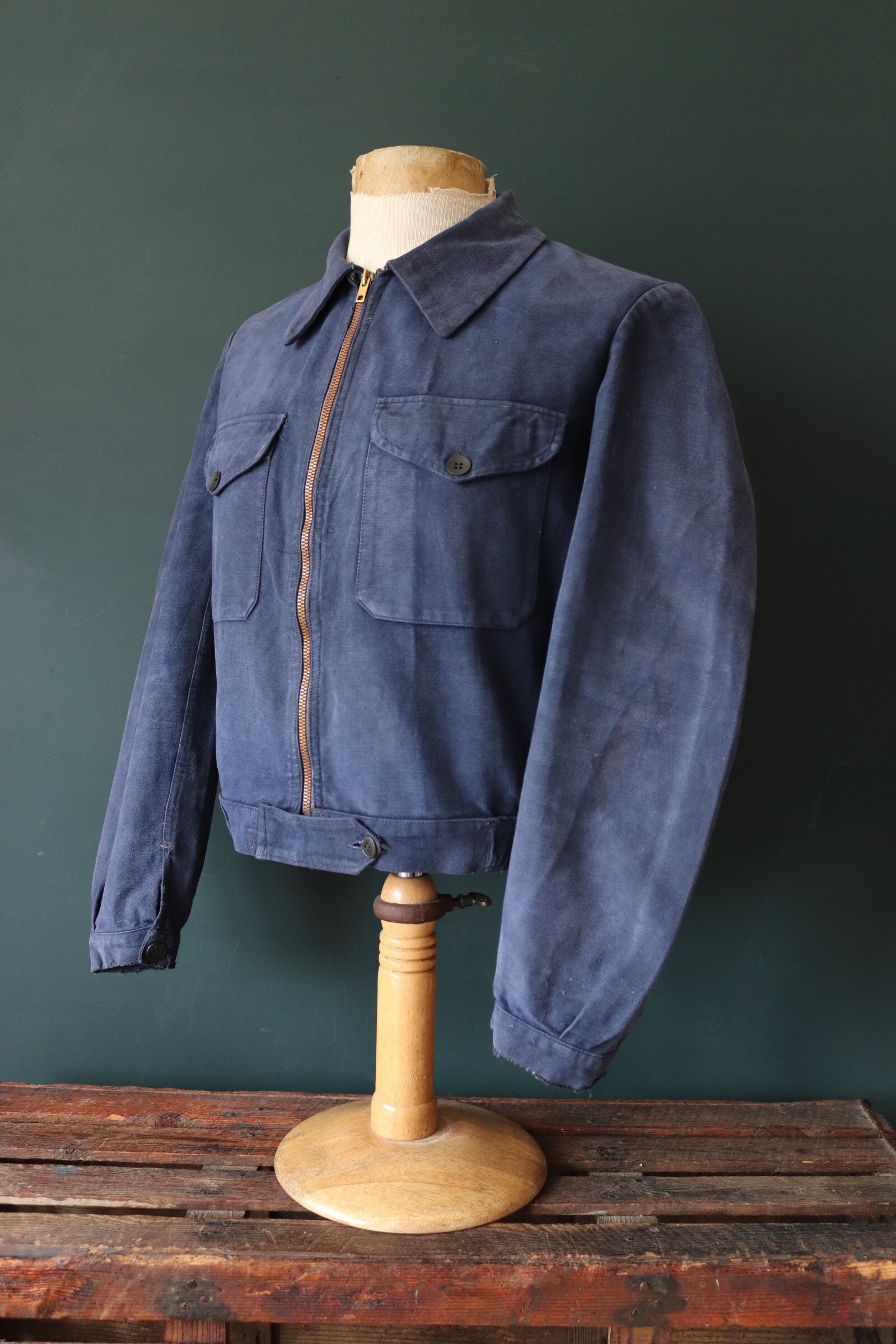 Vintage 1940s 40s French blue moleskin cropped cyclist jacket work ...