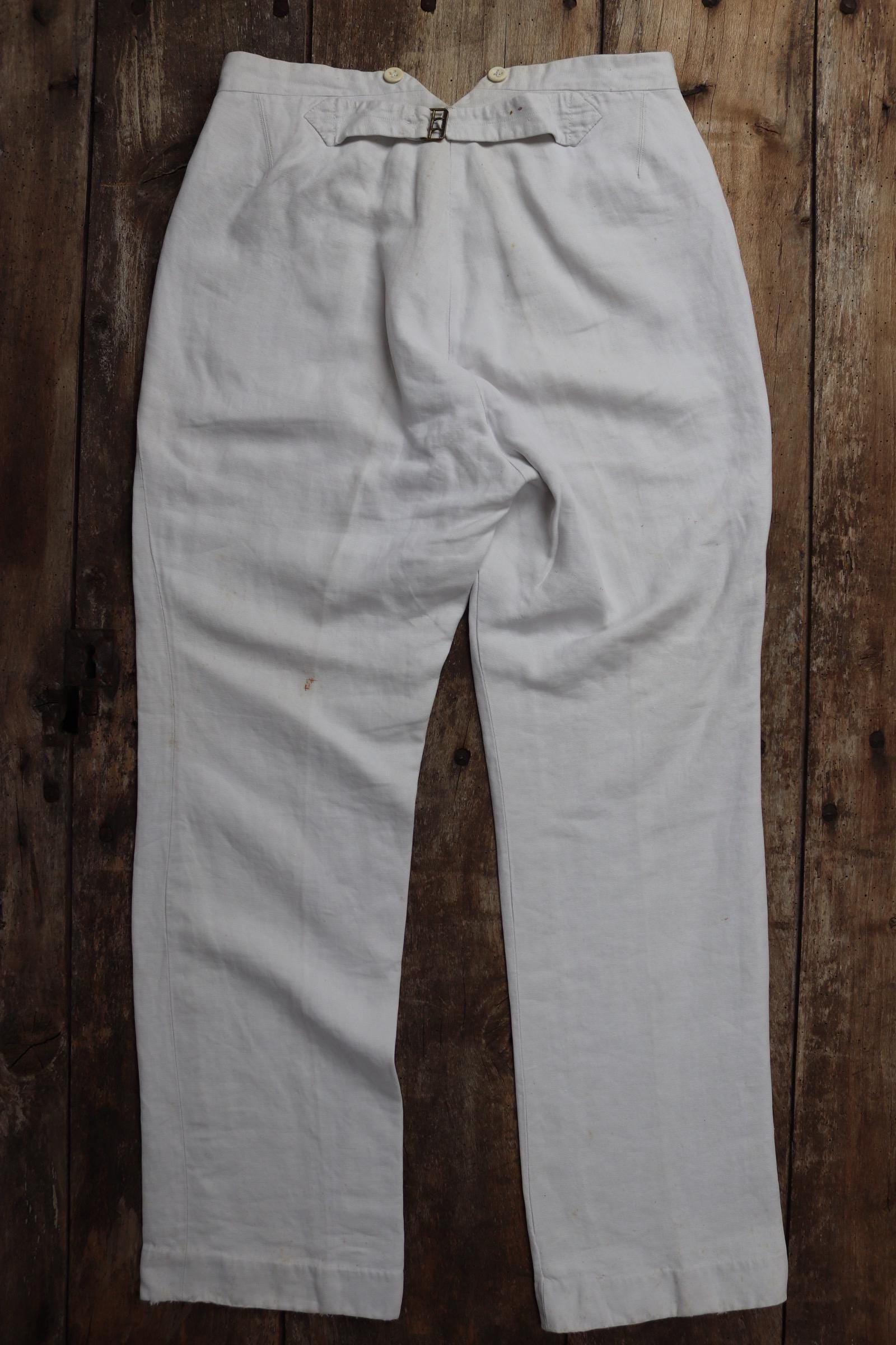 Vintage 1920s French White Linen Trousers - Buckle Back Pants - 31 Vintage 1920s French White Linen Trousers - Buckle Back Pants - 31