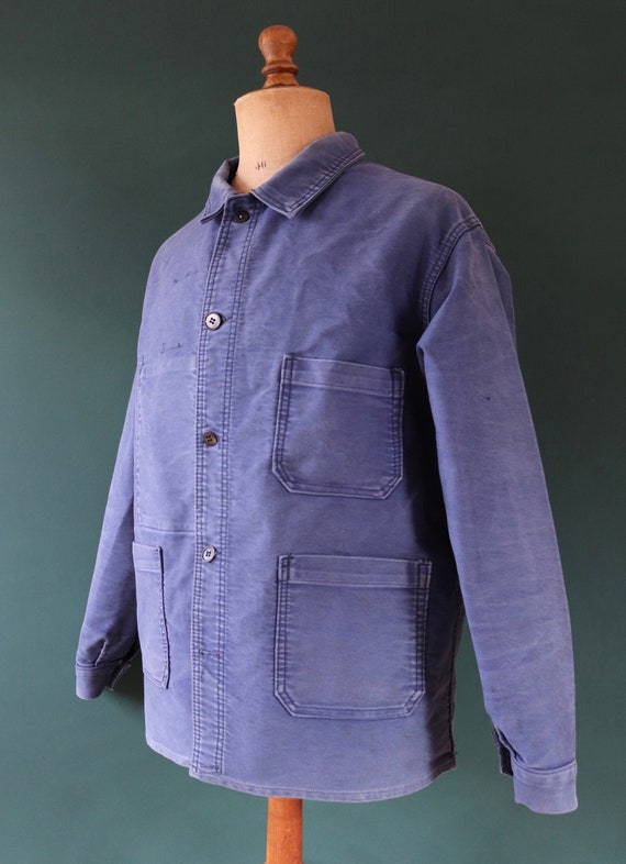 Vintage 1960s 60s French blue moleskin work jacket workwear chore faded 47” chest bleu de travail