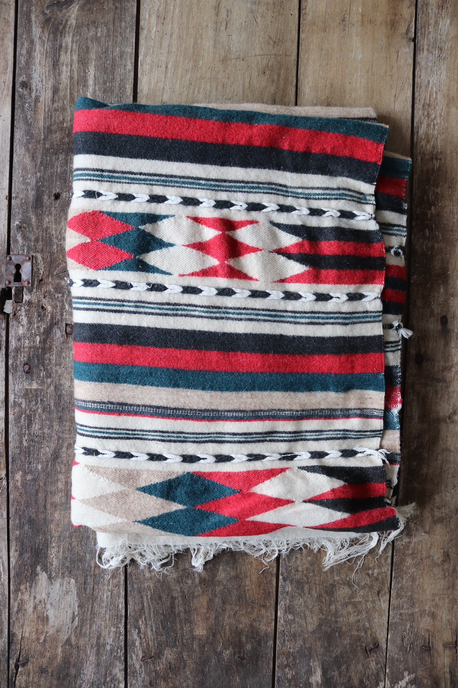 Vintage woven wool blanket throw bed camping cabin lodge sofa red green