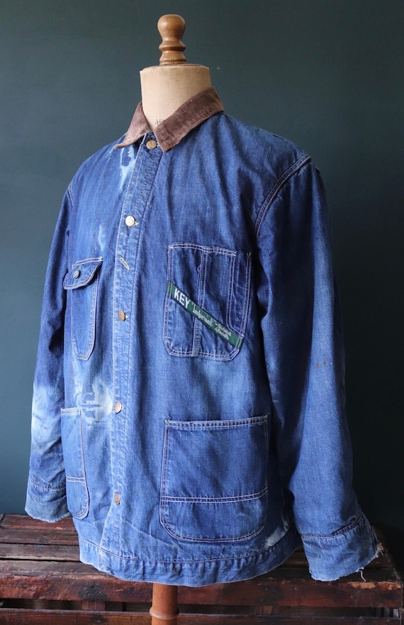 Vintage 1960s 60s 1970s 70s Key Imperial indigo blue denim blanket lined barn chore jacket workwear work chore 48” chest Troy