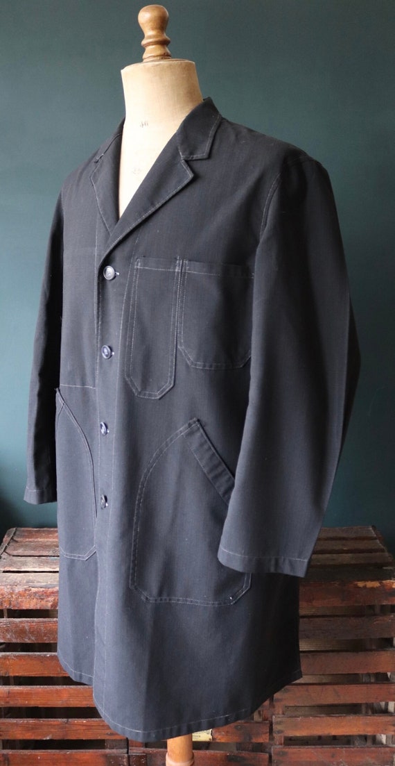 Vintage 1950s 50s 1960s 60s French Vetra black work chore jacket coat maquignon duster machinist 46” chest workwear