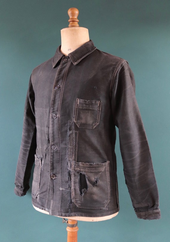 Vintage 1930s 30s 1940s 40s French black moleskin work jacket chore workwear darned repaired 40” chest