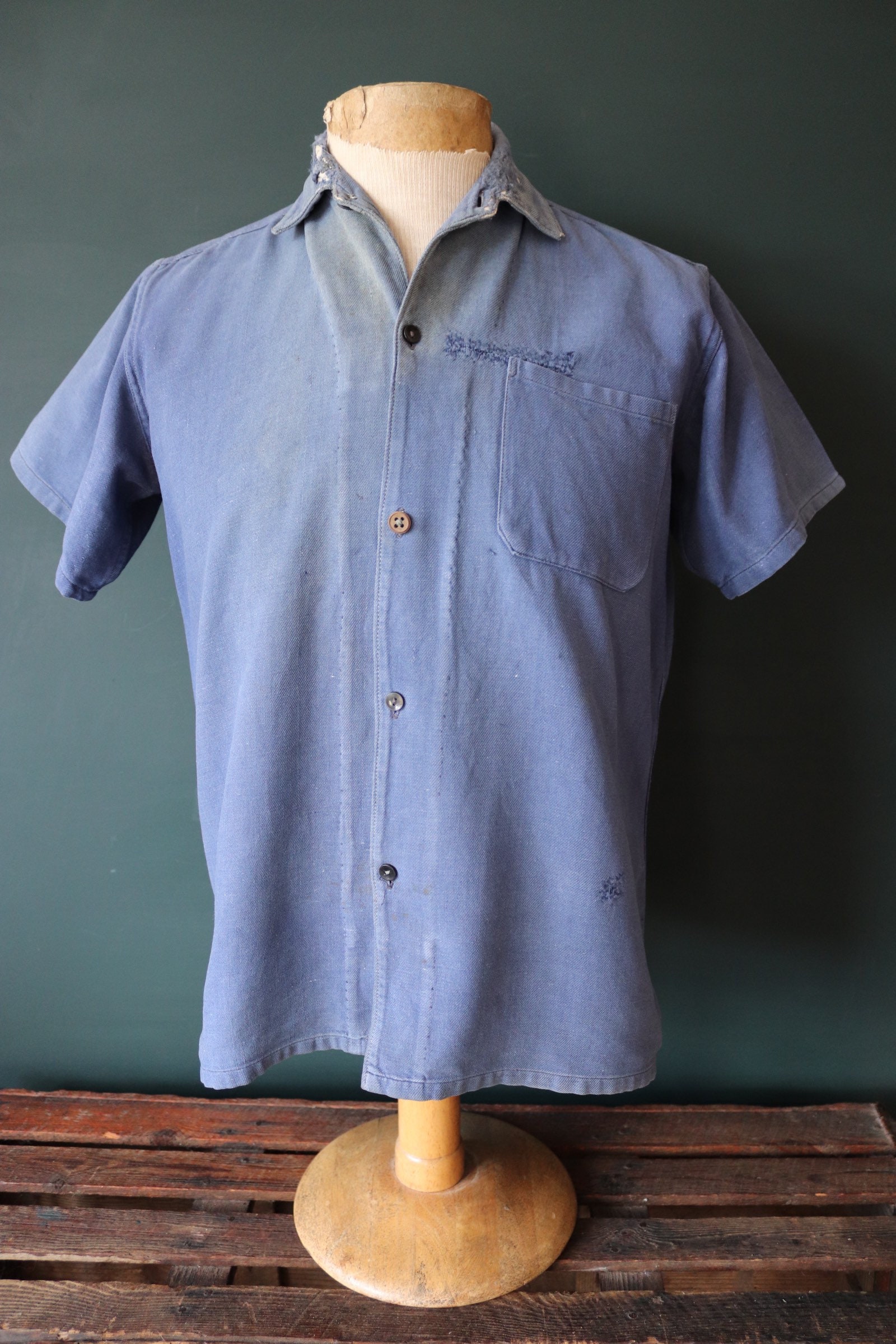 Vintage 1940s 40s French sun faded indigo blue cotton bleu de travail ...