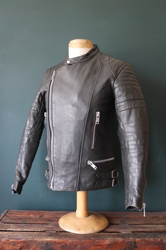 Vintage 1980s 80s European black leather cafe racer jacket 38” chest motorcycle biker Strokes