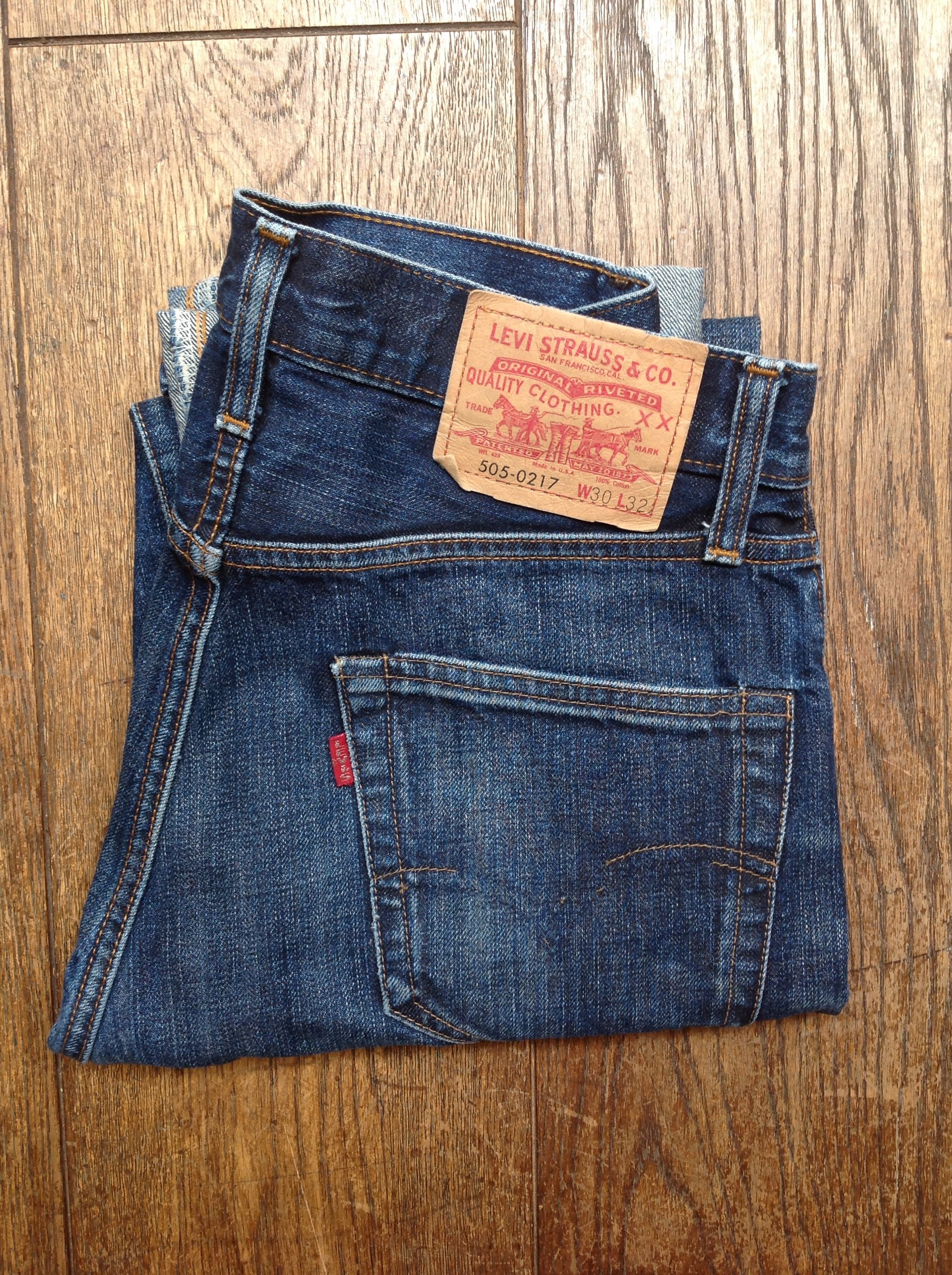 Vintage Levis LVC 505 indigo blue denim jeans big capital e red tab  selvedge 29 x 31 Talon zipper