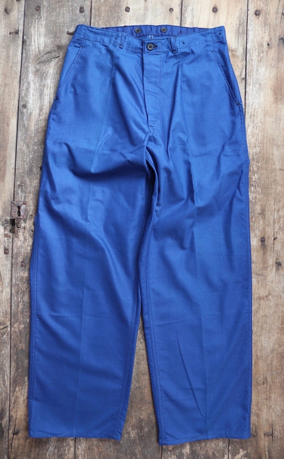 Vintage 1940s 40s WW2 era Swedish military hospital indigo blue cotton twill workwear work chore trousers pants 33” x 33” buckle cinch back