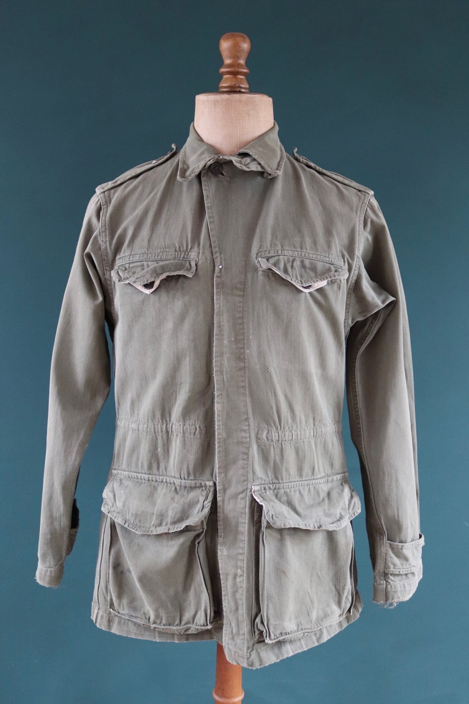 Vintage French M47 Military Jacket - 1950s HBT Herringbone