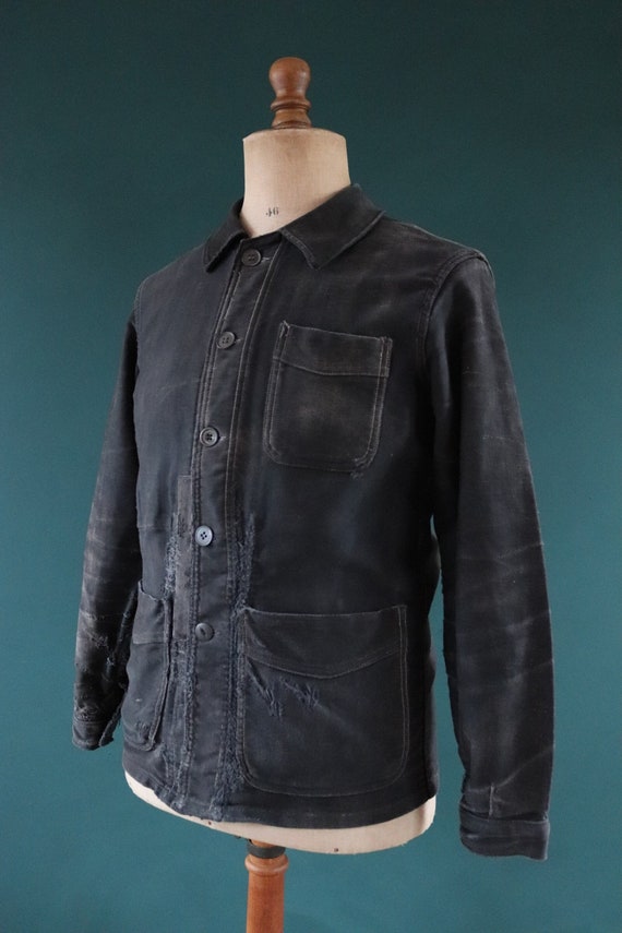 Vintage 1950s 50s French black moleskin work jacket chore workwear darned repaired 41” chest Adolphe Lafont