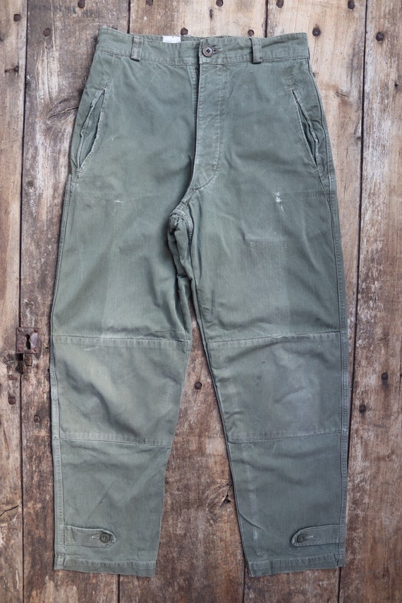 Vintage 1940s 40s 1950s 50s M-47 French khaki green cotton overalls cargo trousers pants army military 29” x 28” workwear work chore HBT