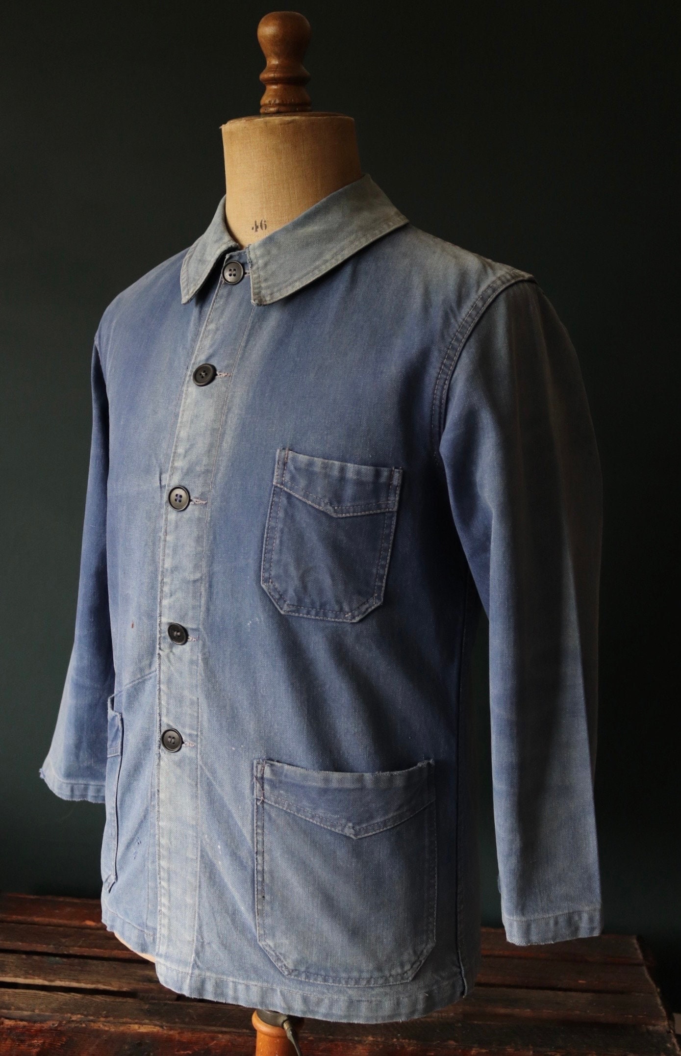 Vintage 1960s 60s French blue work jacket workwear chore faded 40 ...