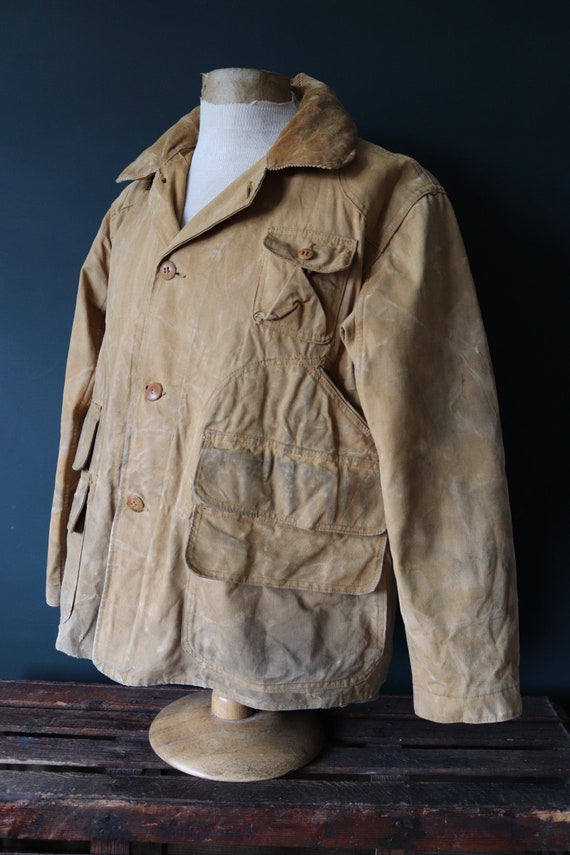 Vintage 1940s 40s tin cloth duck cotton canvas hunting shooting jacket 48” chest Red Head American workwear work chore