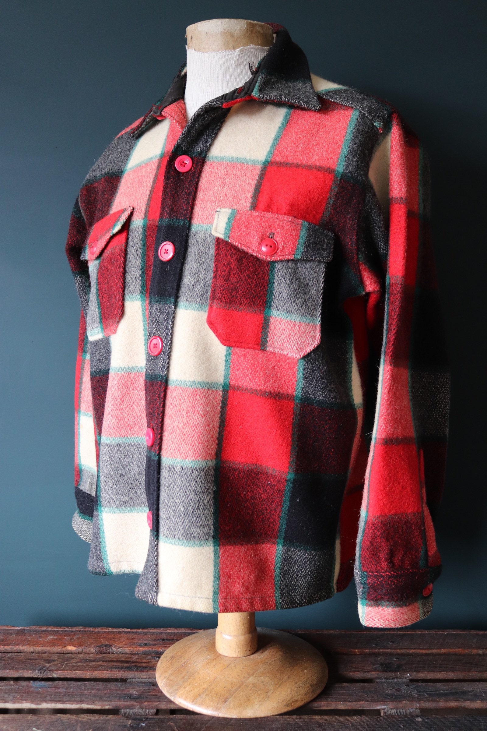 Vintage 1950s 50s 1960s 60s red black white checked plaid wool shirt ...