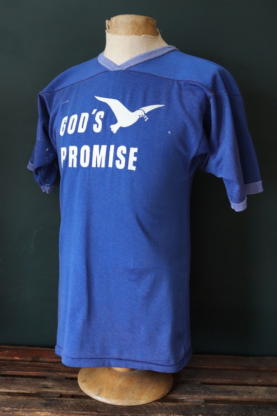 Vintage 1970s 70s 1980s 80s Gods Promise blue nylon durene shirt sports sportswear ringer 36” chest football sportswear sports