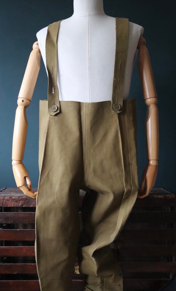 Vintage 1940s 40s WW2 British army military dispatch rider motorcycle leggings overalls khaki rubberised cotton Mistofsky 36” 38” 40” x 27”