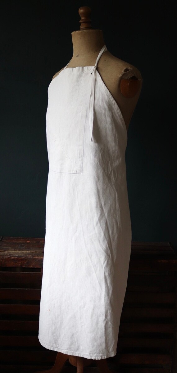 Vintage 1950s 50s French white herringbone linen butchers apron pinny overall BBQ kitchen chef selvedge